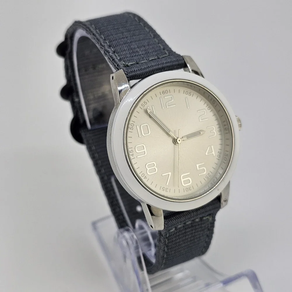 38MM Men's Watch Cream Dial‎ New Gray Nylon Bands New Battery